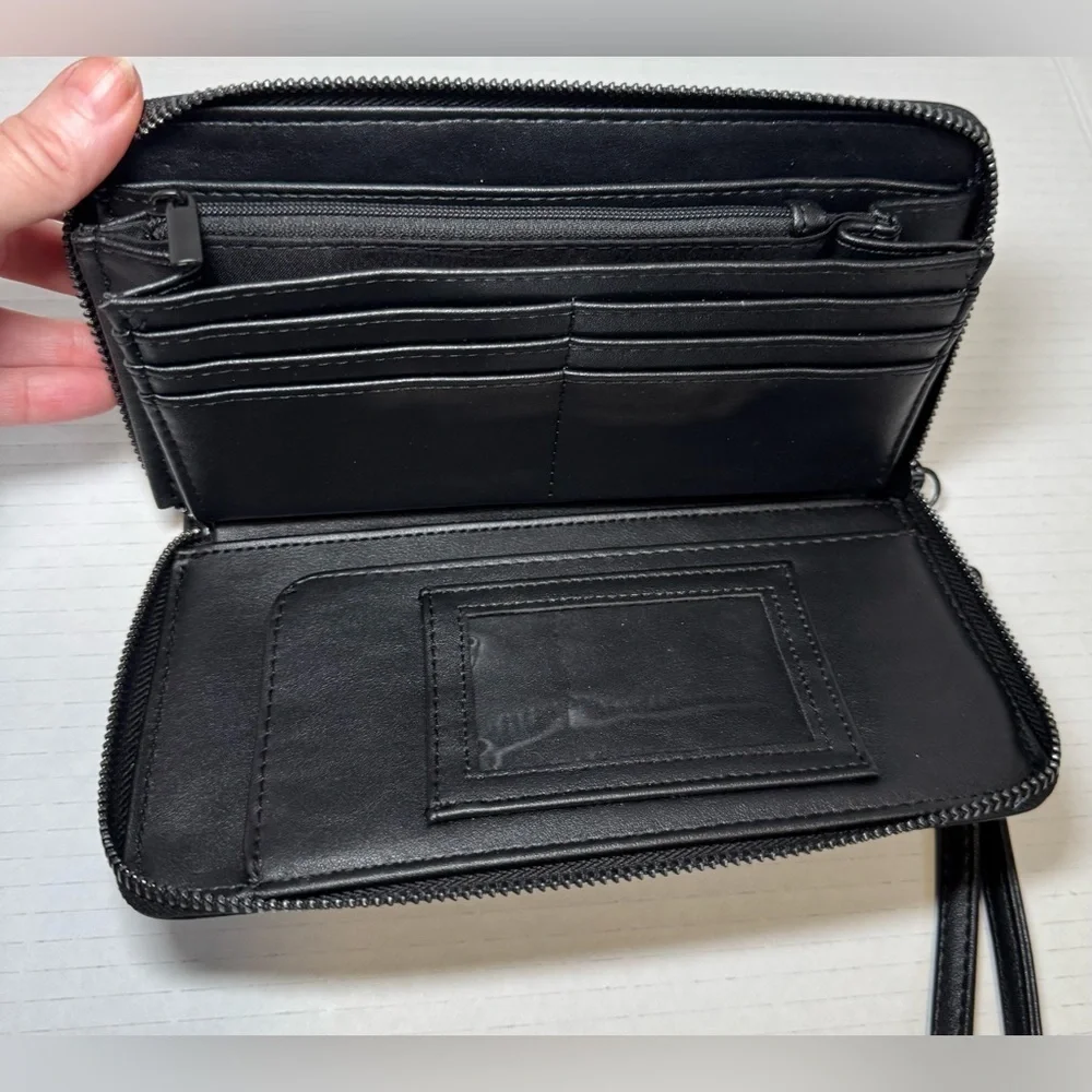 Betsey Johnson black faux leather zip-around wristlet/wallet